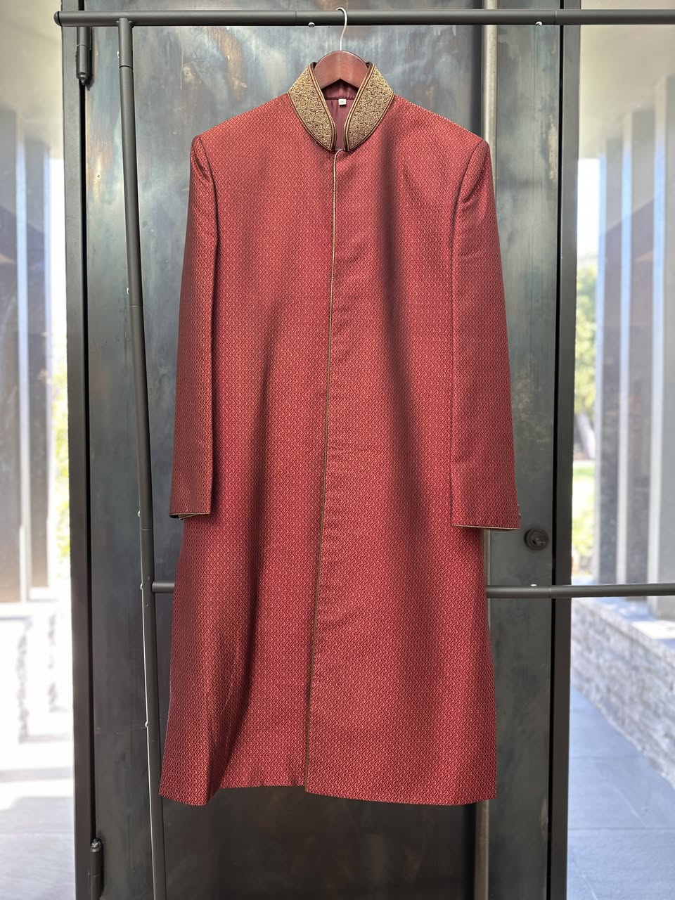 Men's Sherwani Coat in Deep Red and Antique Gold