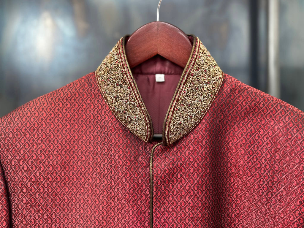 Men's Sherwani Coat in Deep Red and Antique Gold
