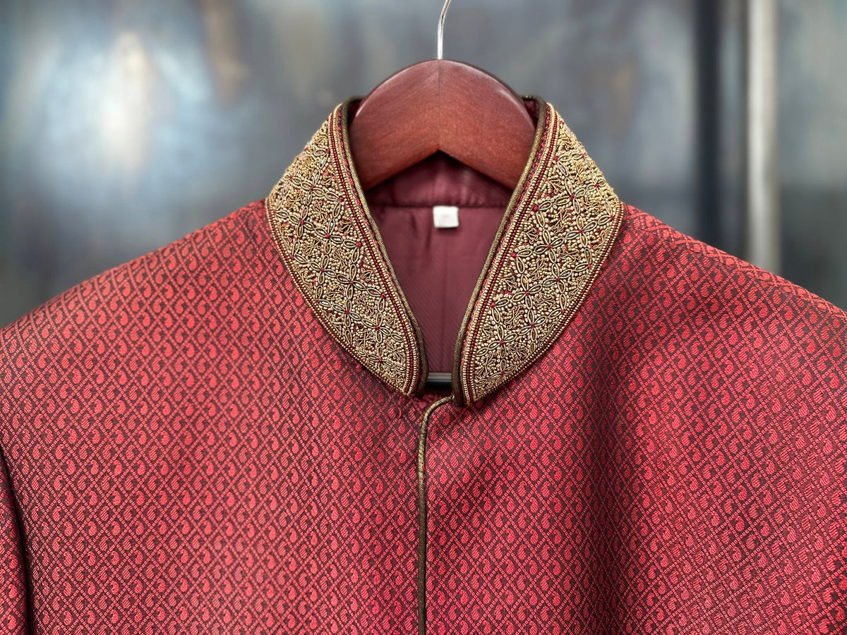 Men's Sherwani Coat in Deep Red and Antique Gold
